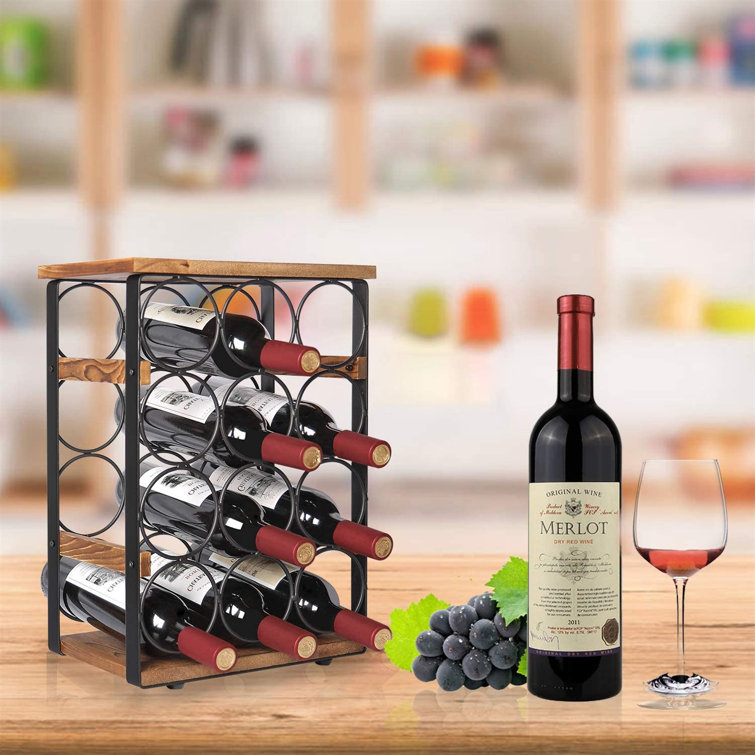 Solid Wood Tabletop Wine Bottle Glass Rack in Black